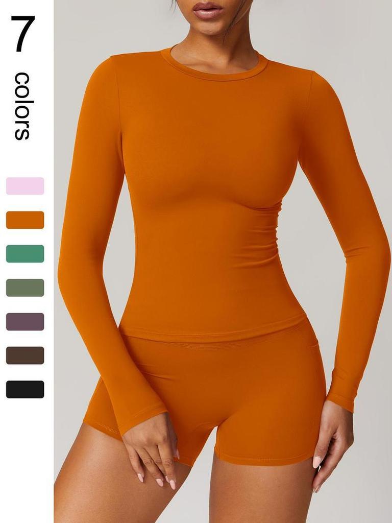 Women's Elastic Long Sleeve Shorts Yoga Suit for Spring/Summer - Tight Fit for Pilates, Running, Fitness