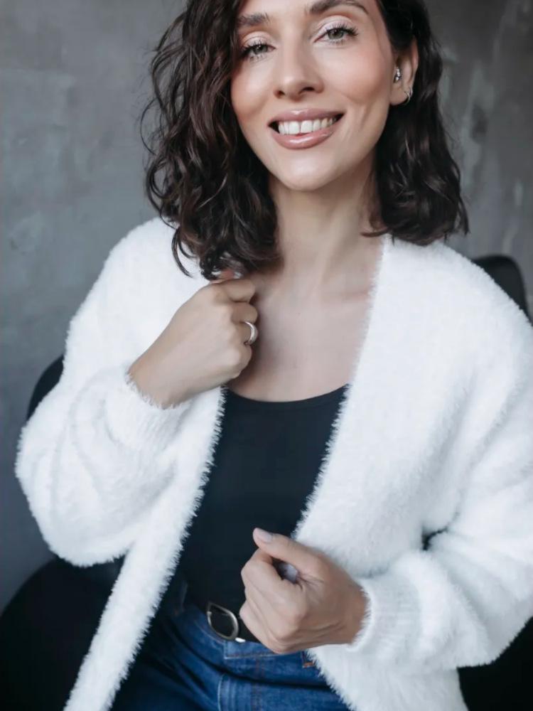 Damen Casual Nerzartiger Weißer Strickpullover Cardigan für Herbst & Winter
