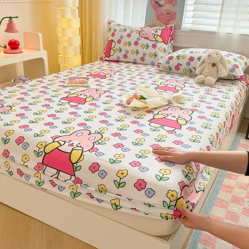 1 Pc 100%Cotton Bed Sheet Cartoon Fish Printed Fitted Sheet with Elastic Band Single/Queen/King Pure Cotton Bed Botton Sheets