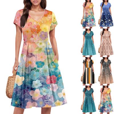Damen Sommerkleid Kurzarm V-Ausschnitt Kurze Kleider Mode Lässig Fließendes A-Linien Swing-Sommerkleid mit Tasche