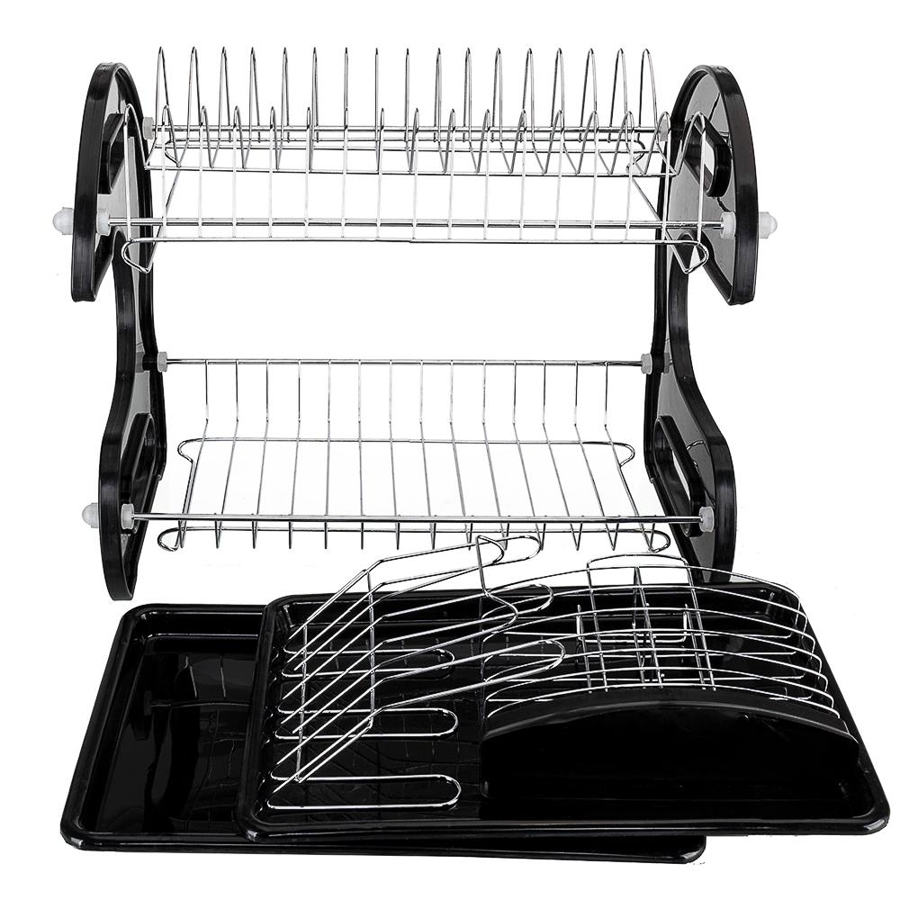 Multifunctional Dual Layers Bowls & Dishes & Chopsticks & Spoons Collection Shelf Dish Drainer Black Kitchen Furniture