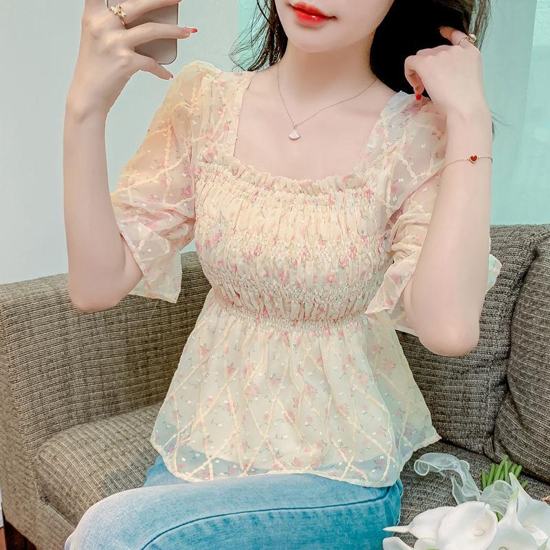 Square Collar Without Backrest Short-sleeved Print Pure Desire Style to Make You Look Slim and Cover Your Flesh Puff Sleeves