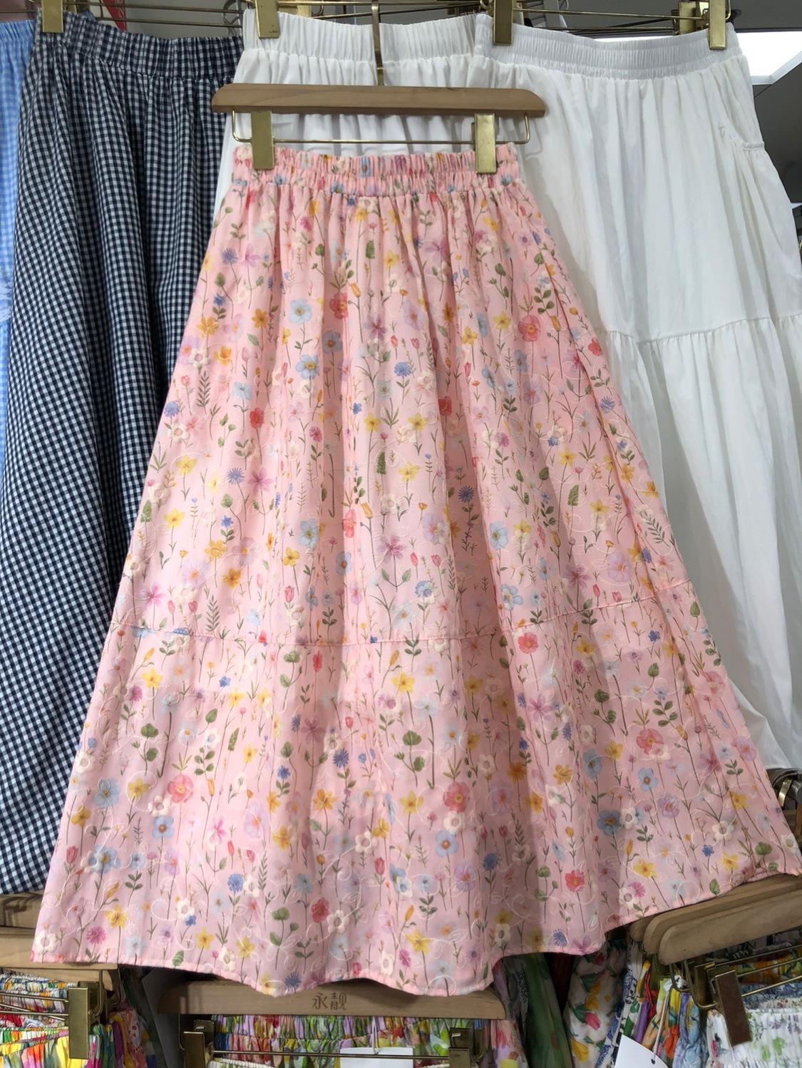 

Милая розовая юбка с вышитыми цветами, женская в стиле Хепберн, с карманами и высокой талией, пышная, универсальная, А-образная юбка-зонтик, средняя и длинная юбка one size fits all розовый