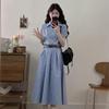 New Korean Academy Style Blue Short Sleeve Shirt Dress Children's Summer Temperament Premium Waist Long Dress