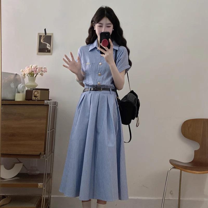 New Korean Academy Style Blue Short Sleeve Shirt Dress Children's Summer Temperament Premium Waist Long Dress