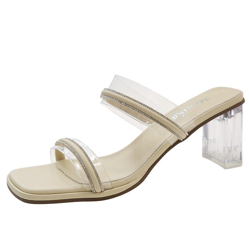 

Кристальные туфли на высоком каблуке женские новые прозрачные сандалии с ремешком через подъем, высокий каблук, толстый каблук, летние шлепанцы 40 абрикосовый