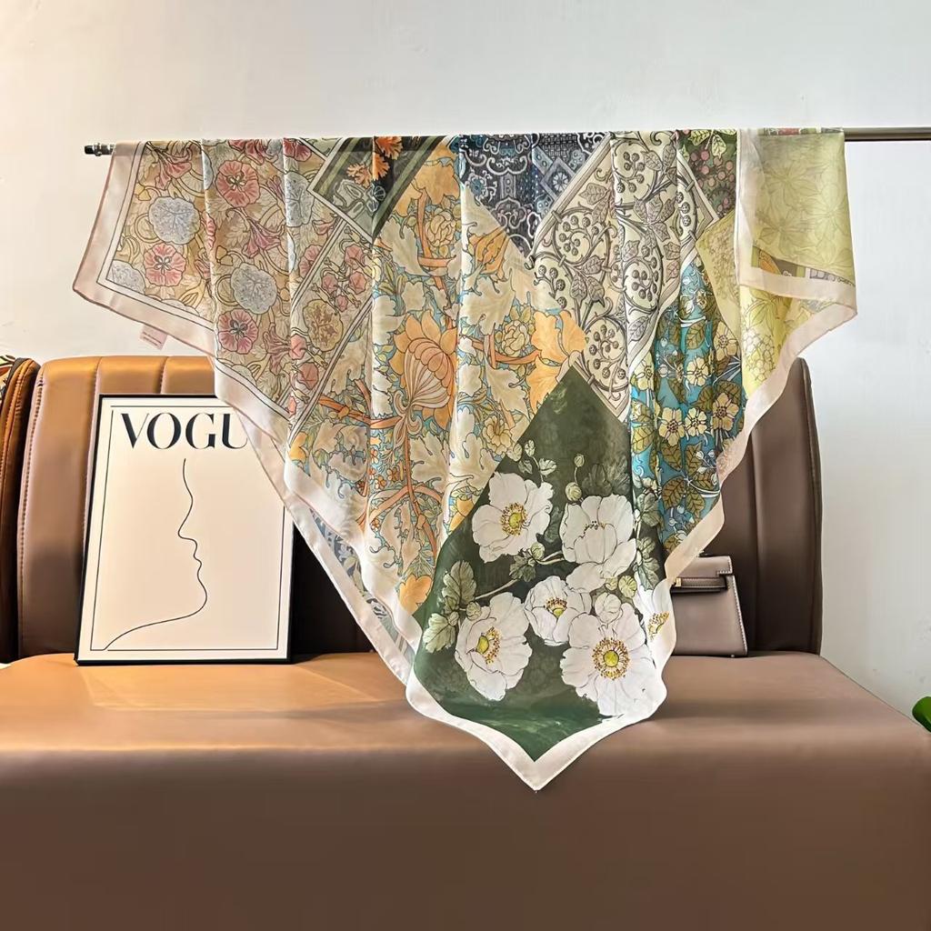 Tencel Cotton Blended 110 * 110 Silk Scarf Chinese Square Scarf Versatile Scarf Neck Protection Scarf Spring Flower Series