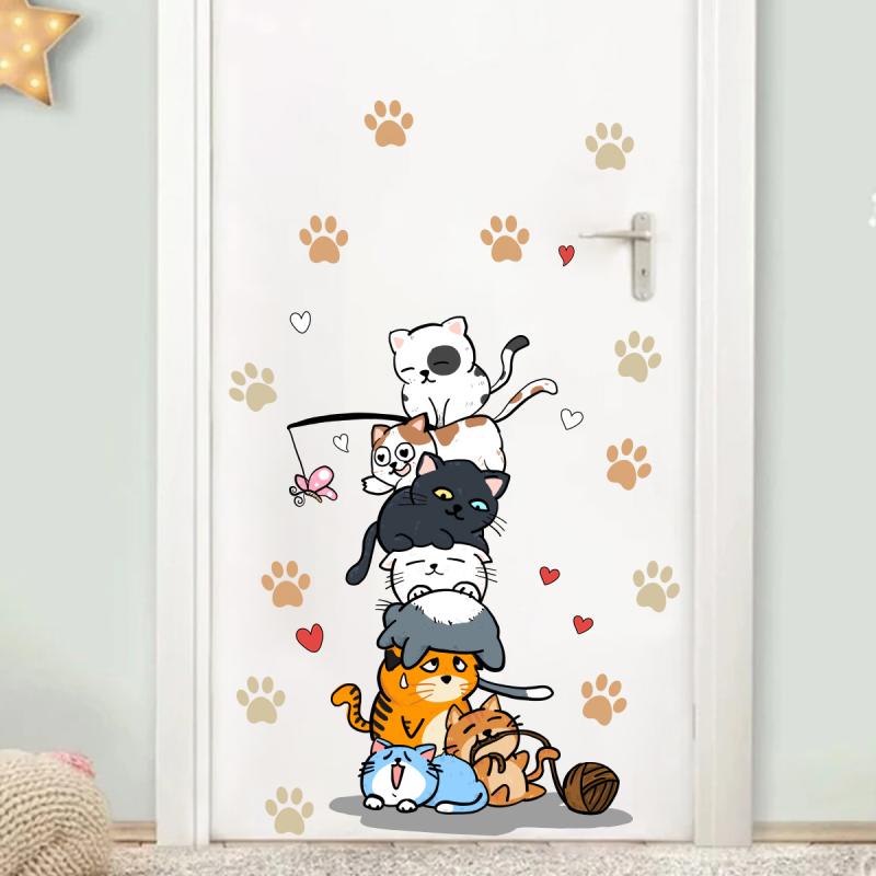 1Pc Cute Cats And Cat Paw Prints Stacked Together Wall Stickers For Kids Room Bedroom Wall Decals Home Decor