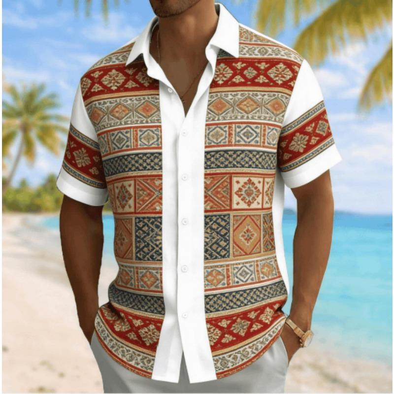 Men's Vintage Ethnic Patchwork Print Short Sleeve Shirt, Spring Summer Casual Vacation Turn-Down Collar Blouse, Loose Fit Top