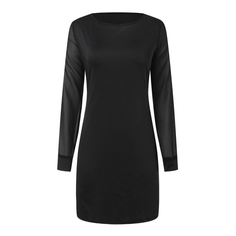 Fashion Spring & Fall New Arrival round Collar in Black Chiffon Patchwork Minimalist Elegant Commuter Long Sleeve Dress Mid-Length Dress for Women