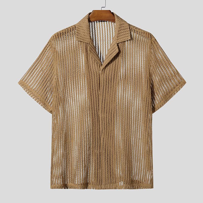 

INCERUN Летние мужские рубашки с коротким рукавом, текстурированные пуговицы, полая сетка, пляжная накидка S