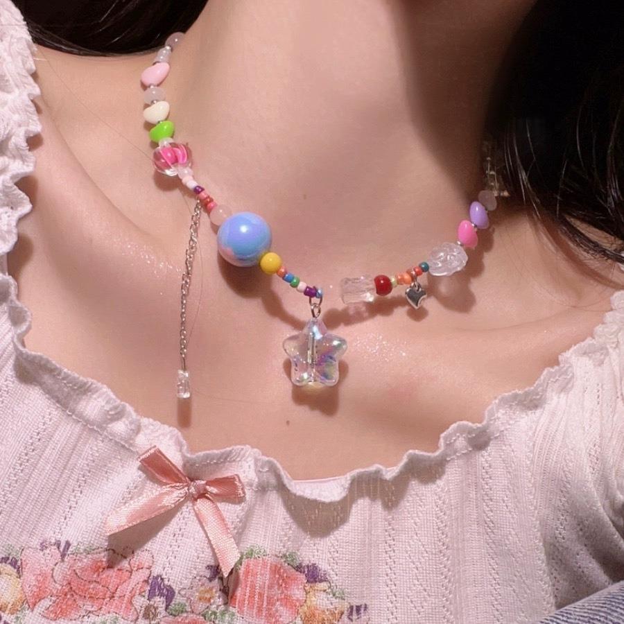Multicolor Y2K Bohemia Candy Color Cute Necklace for Women Star Pendant Beaded Clavicle Chain Necklaces Vacation Accessories