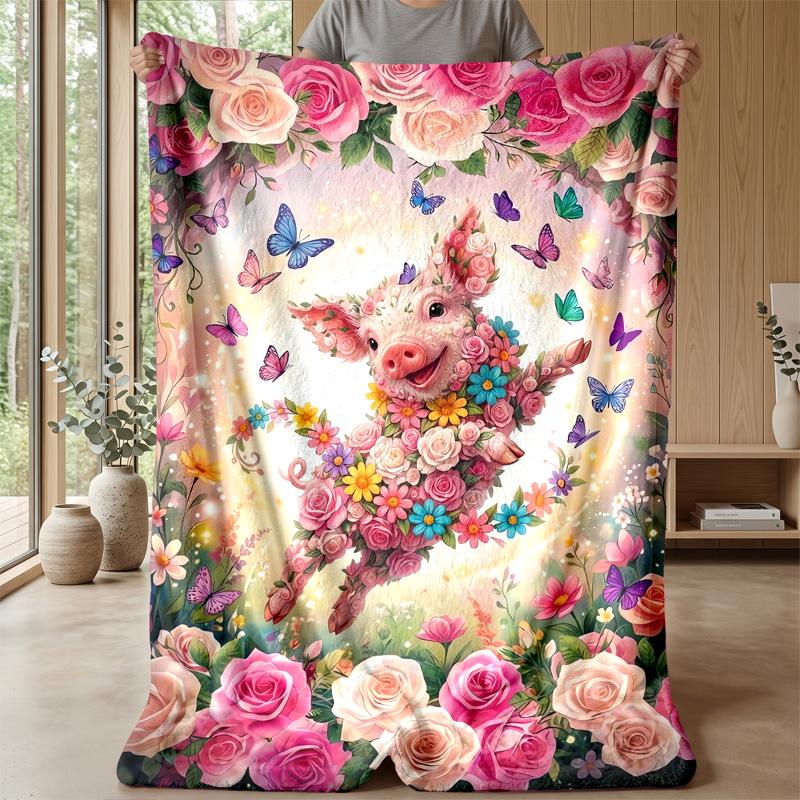 Floral Pig with Butterflies Theme blanket Lightweight Warm Flannel Blanket Decorative Throw Blanket for Home Decoration