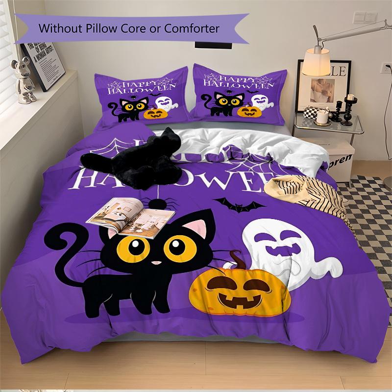 3pcs Happy Halloween Cat Spider Ghost Printed Quilt Set - Includes 1 Quilt Cover and 2 Pillowcases, Machine Washable - Suitable for All Seasons.H