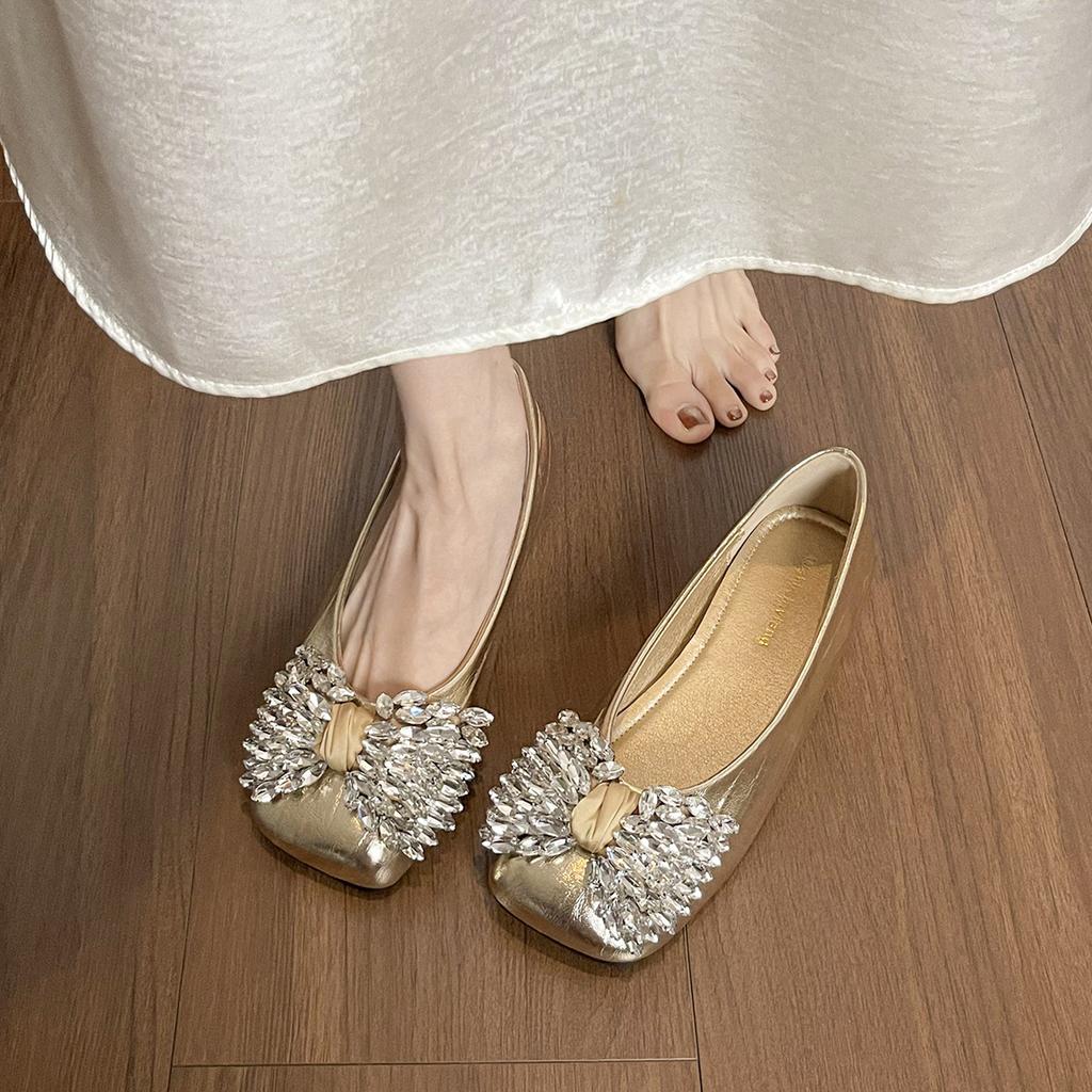 Square head silver single shoes women's shallow mouth butterfly rhinestone with skirt ladyshoes