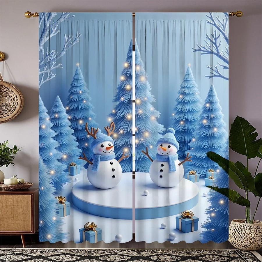 Set Of 2 Jit Snowy Tree Snowman Printed Curtain Voile Christmas Window Decor Home Curtains Sheer Made Polyester