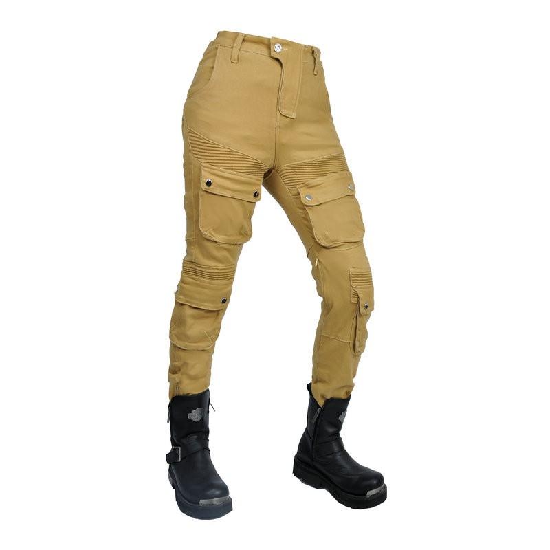 Womens Motorcycle Riding Pants Vintage Style Cargo Trousers With Protective Padding Khaki Cotton Blend Use