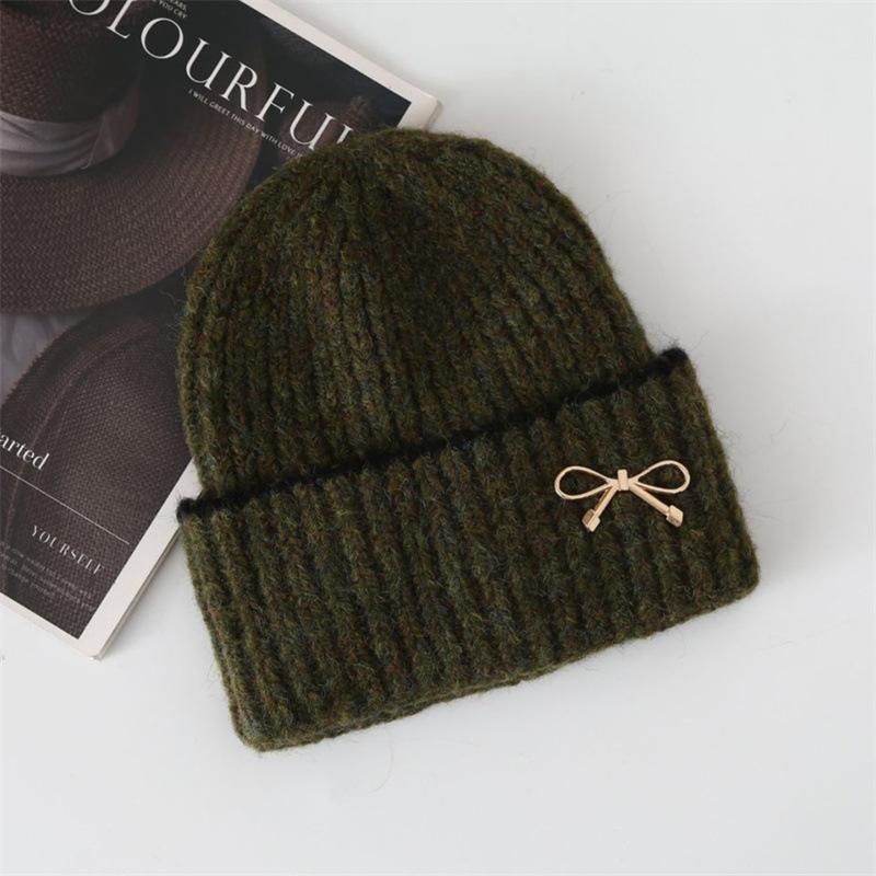 New autumn and winter women's bow knitted hat big head circumference thickened warm ear protector wool hat shows small face cold hat