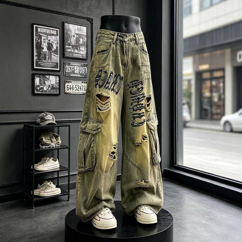 Mens Hip Hop Baggy Jeans Distressed Washed Denim Pants Streetwear Wide Leg Trousers