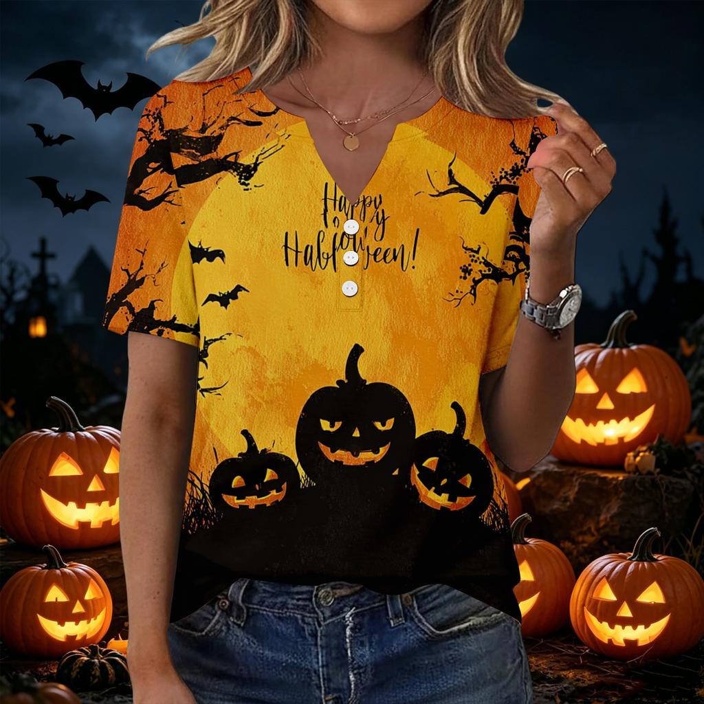 Women Halloween Print Loose Fit V Neck Short Sleeve Shirt with Pocket Casual Top for Everyday Wear