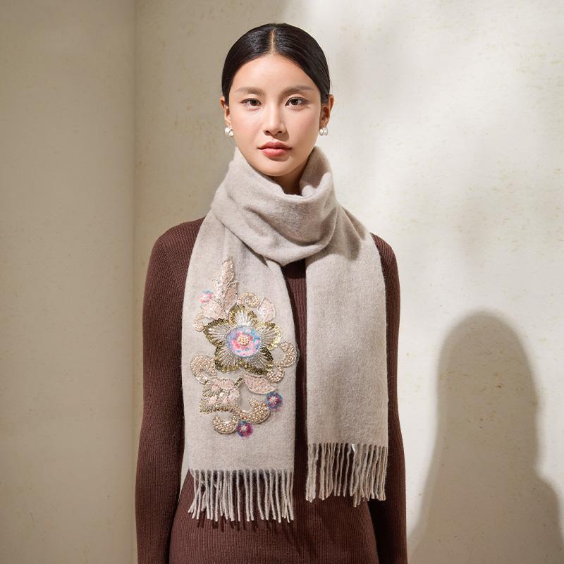 100% Wollschals Damen Winterschals Wickel Grauer Pashmina Warmer Chinesischer Suzhou-Stickerei Roter Schal Echarpe Femme 180X30cm