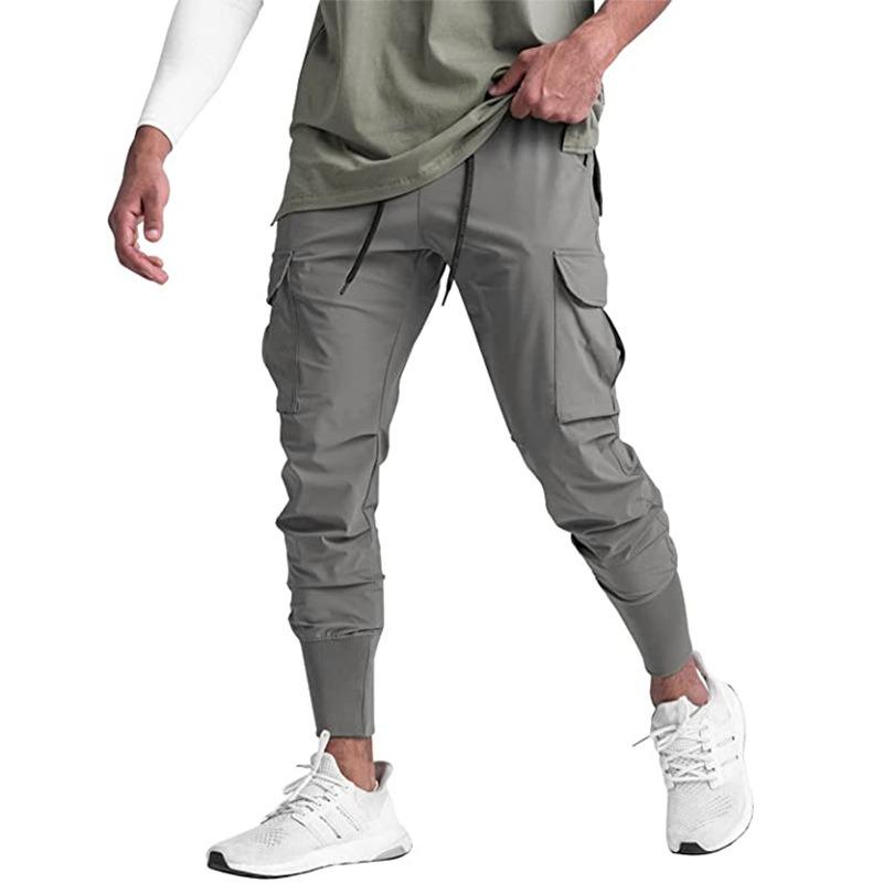 Men Elastic Waist Cargo Jogger Pants With Drawstring And Zipper Pockets