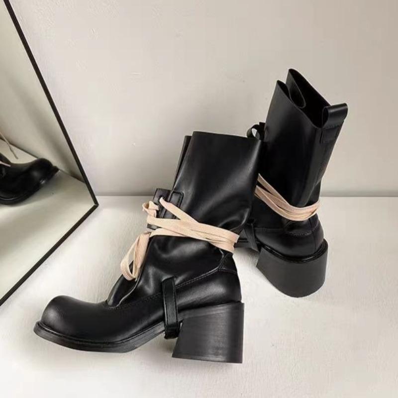 Platform Heightened Bundle Lace-up Booties 2025 Summer New Round Toe Block Heel Skinny Non-slip Stack Boots