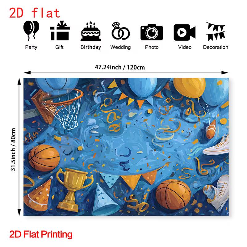 Blue & Orange 2D Backdrop, Basketball Birthday & Victory Photo Background