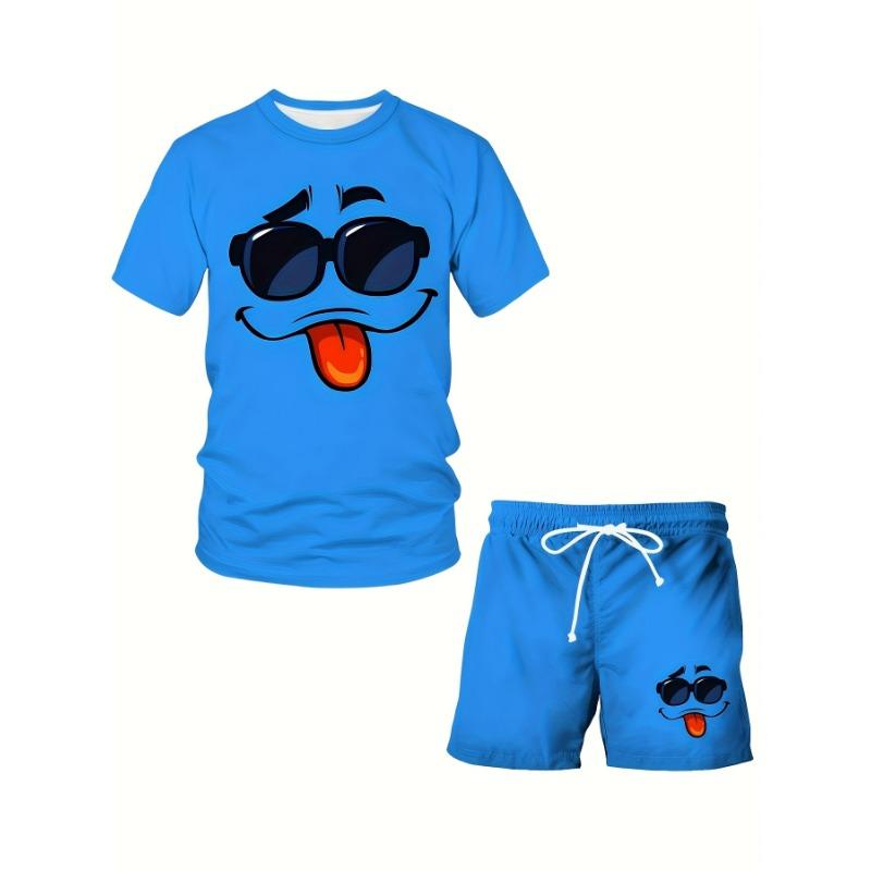 2-teiliges Herren Freizeit T-Shirt und Shorts Set 3D Cartoon Gesicht Druck Lebhaftes Blau Polyester T-Shirt Kurzarm Rundhals