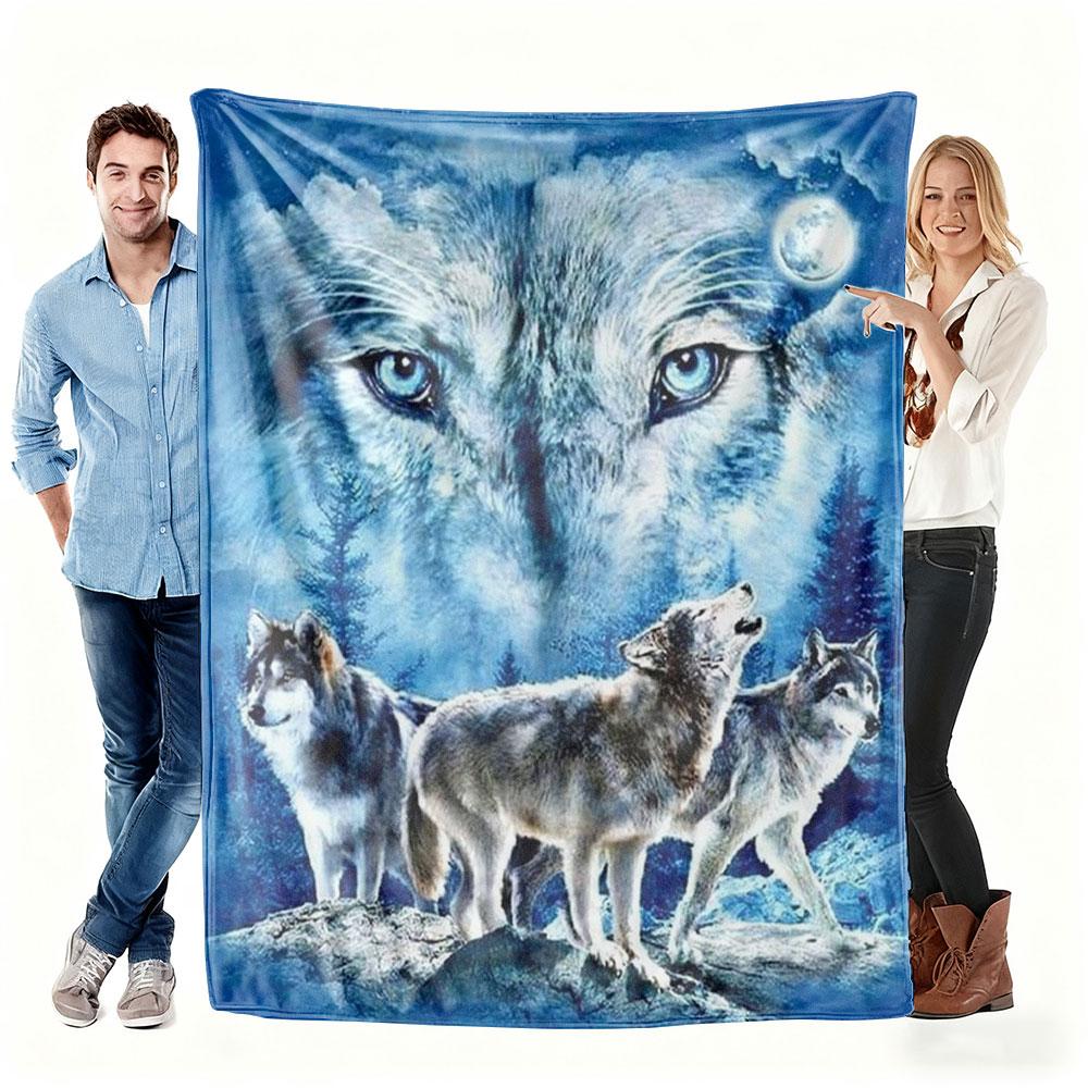 Wolf Pack Blanket with Moon and Forest Design Blue Eyes Wolf Art Soft Fleece Throw Perfect for Nature Lover Home Decor