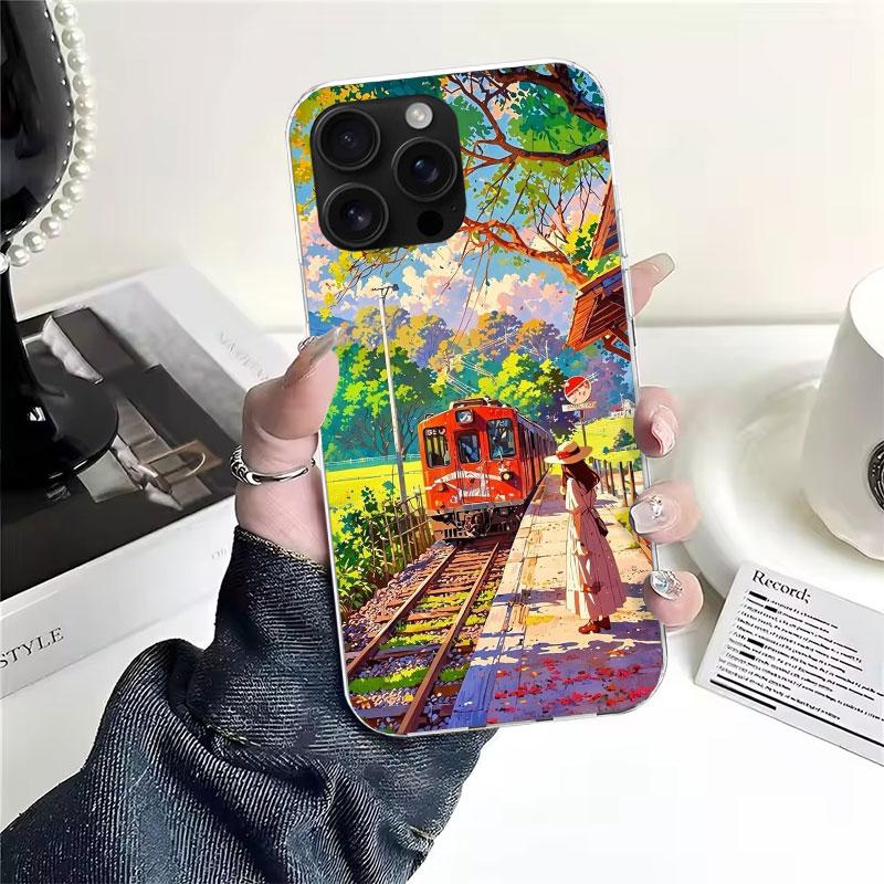 Retro Japanese Sakura Train Soft Phone Case For IPhone 18 11 17 Air 16E 16 Pro Max 15 + 14 Plus 13 Mini 12 Apple 7 SE 8 Fundas Coqu