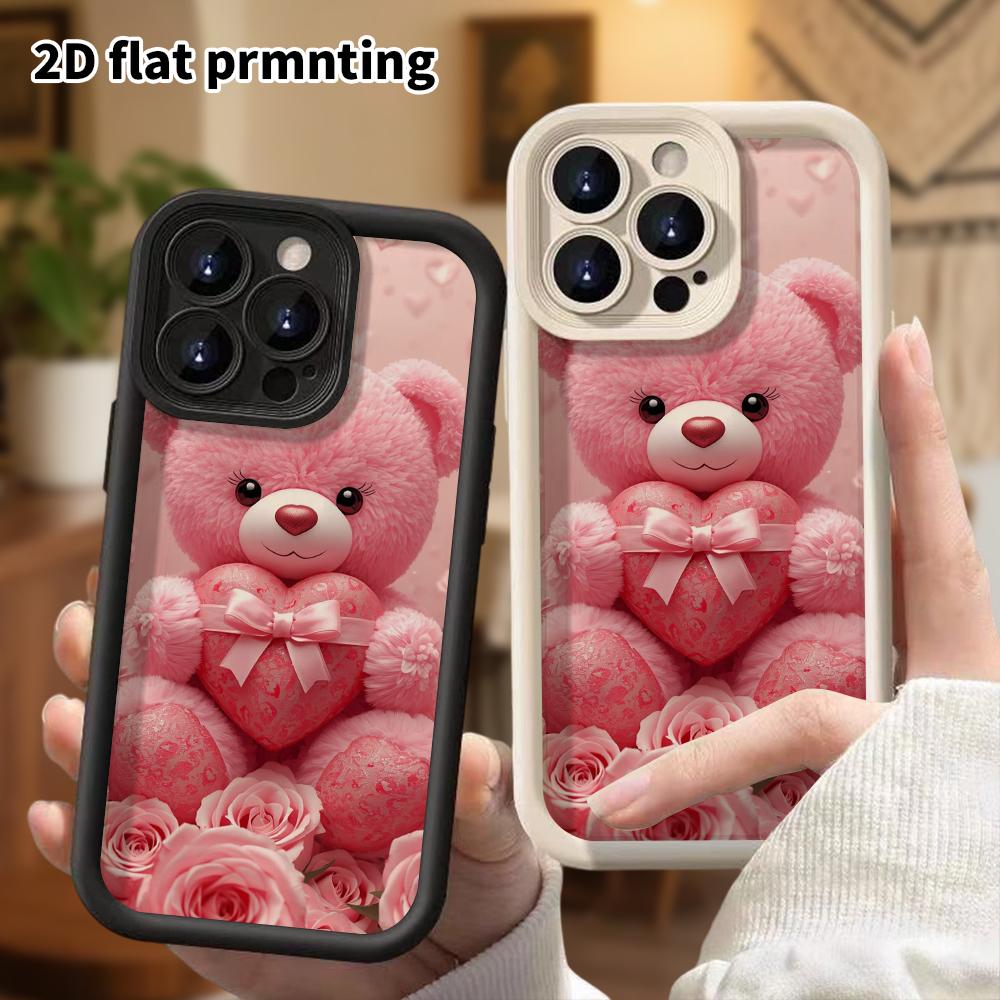 Phone Case: 2D Flat Design Suitable for iPhone 18 17 16 15 14 13 Pro Tiered Protective Case, Pink Big Bear, Christmas and Halloween Gift
