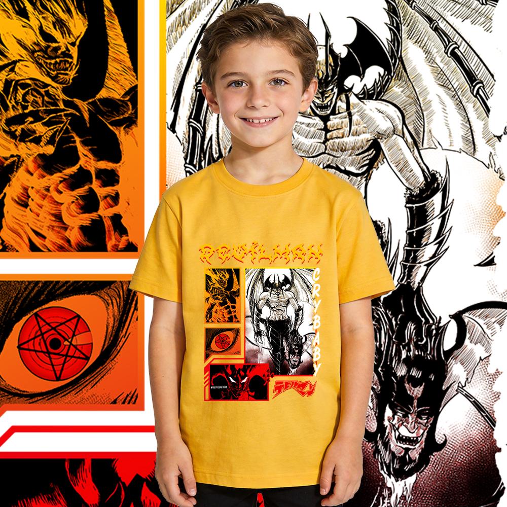 Devilman Crybaby Anime Print Jungen Mädchen Baumwolle T-Shirt Lässiges Tee Kinder Sommer Kurzarm Top Weich Atmungsaktiv Tägliches Tragen