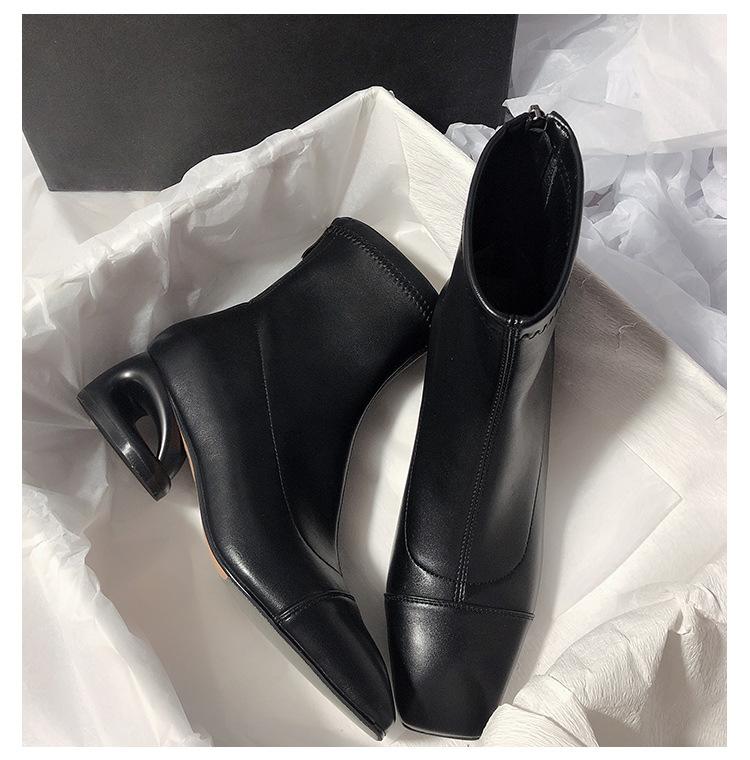 Martin-støvler firkantet tupp tykk hæl korte støvletter dame vår og høst enkeltstøvletter ny internett-kjendis tynne støvler liten duftende fransk kort