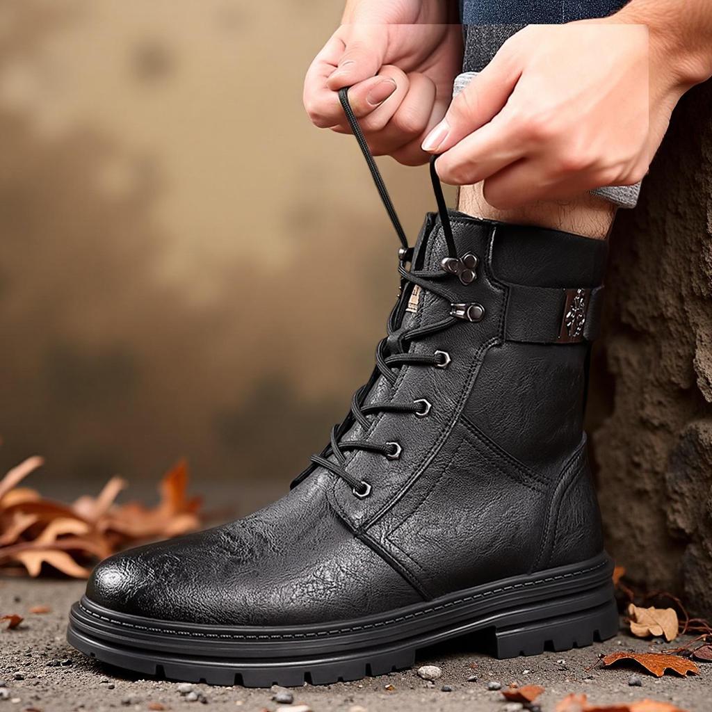 Men's High-Top Winter Fashion Boots with Wool Lining - Warm & Thickened for Cold Weather.
