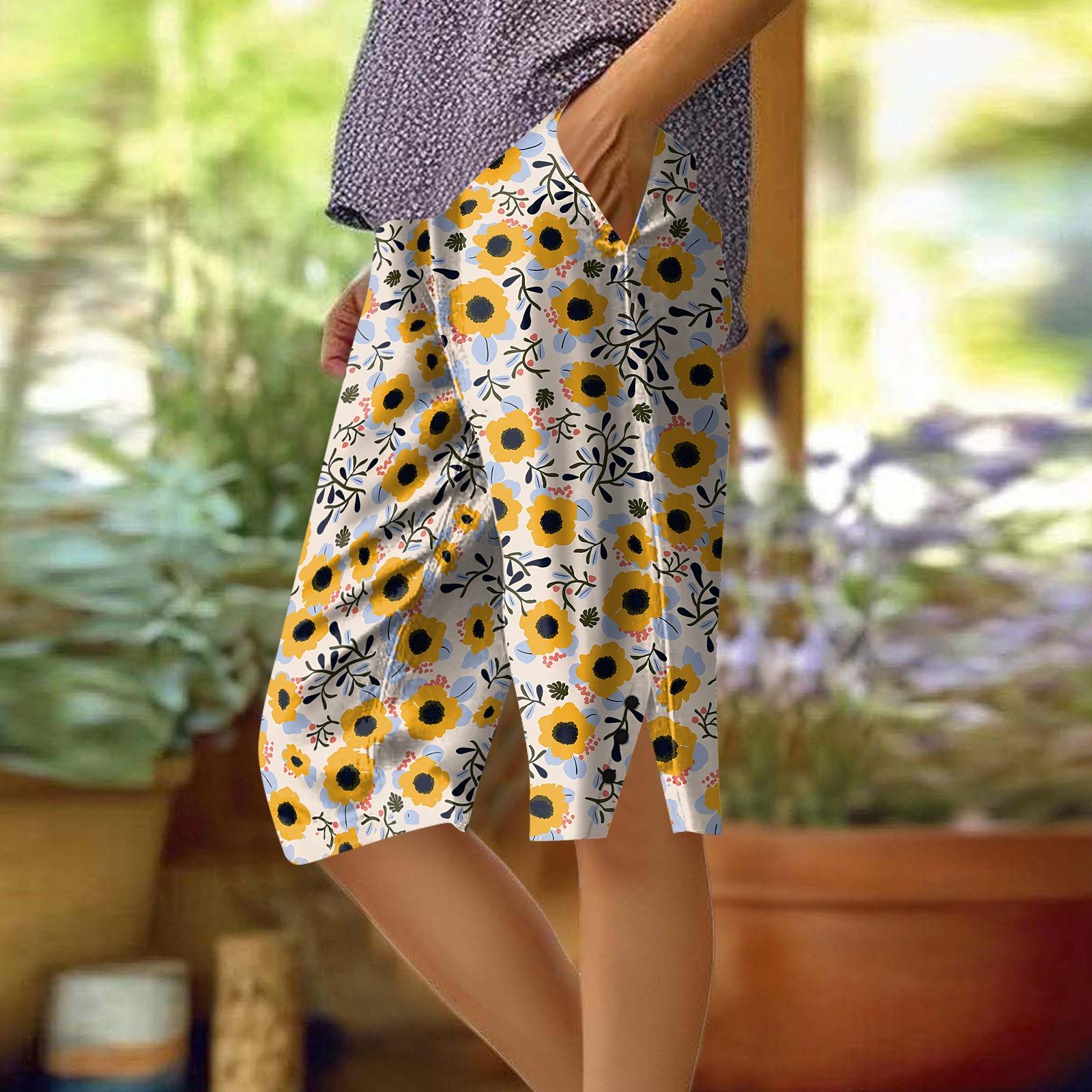 

Women s Printing Pants Fashionable Pocket Elastic Waist Casual Shorts XL жовтий