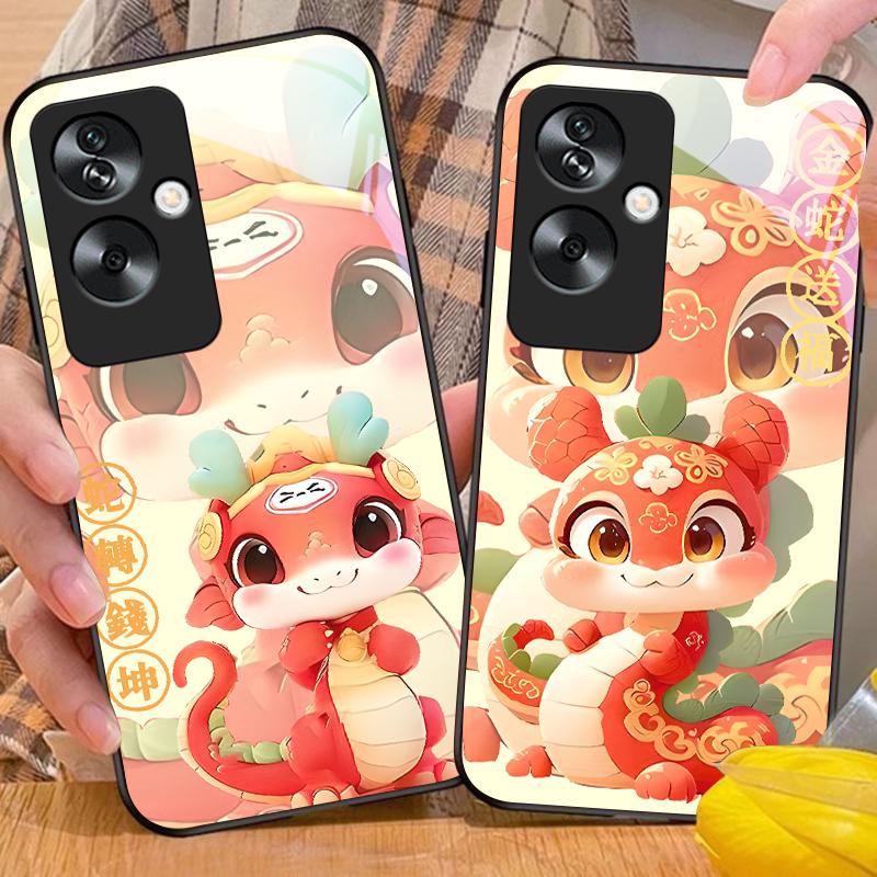 New Cartoon Snake For Oppo A79 5G 58 78 74 60 4G Reno 11F Realme GT 6 11 Note 50 10 C55 X2 Tempered Glass Black Phone Case