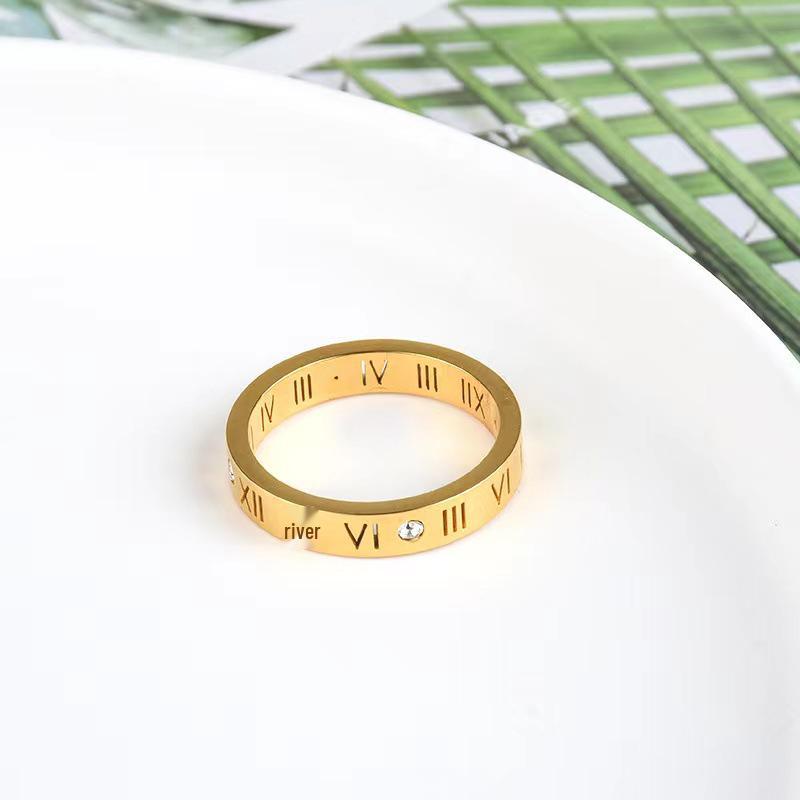 Korean Roman Numeral Diamond Ring: 24K Gold Titanium Steel, Fashionable Women's Tail Ring
