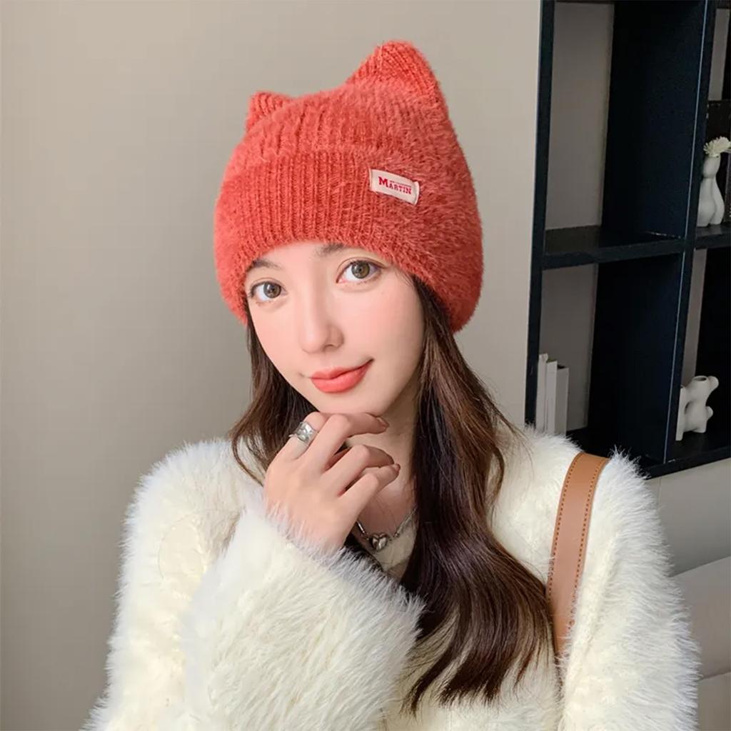 Winter Warm Knit Hat with Cat Ear Soft Breathable Crochet Beanie Cap Women Sweet Headdress Outdoor Activity Bonnet Cap