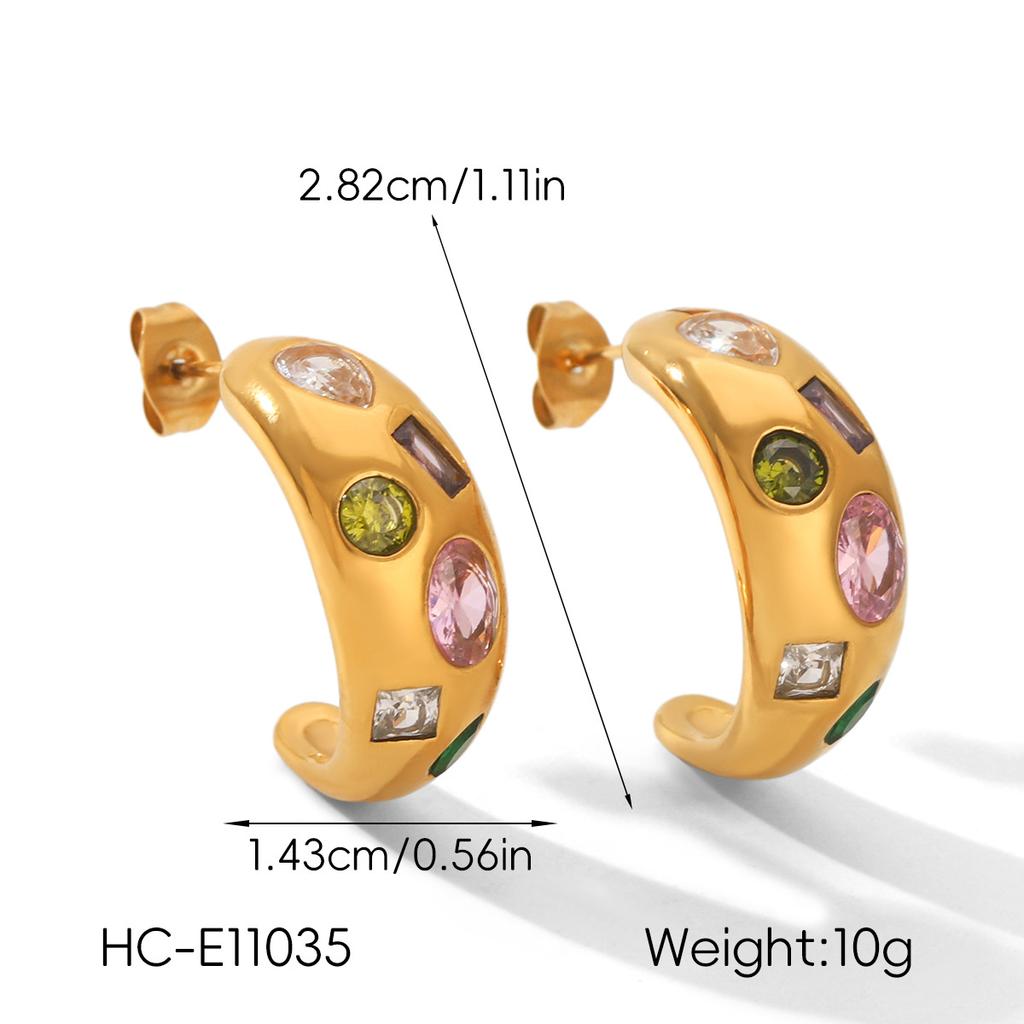 Inlaid Colorful Zircon Vintage Hoop Earrings Fashionable Versatile C-shaped Ear Jewelry Stainless Steel Accessories