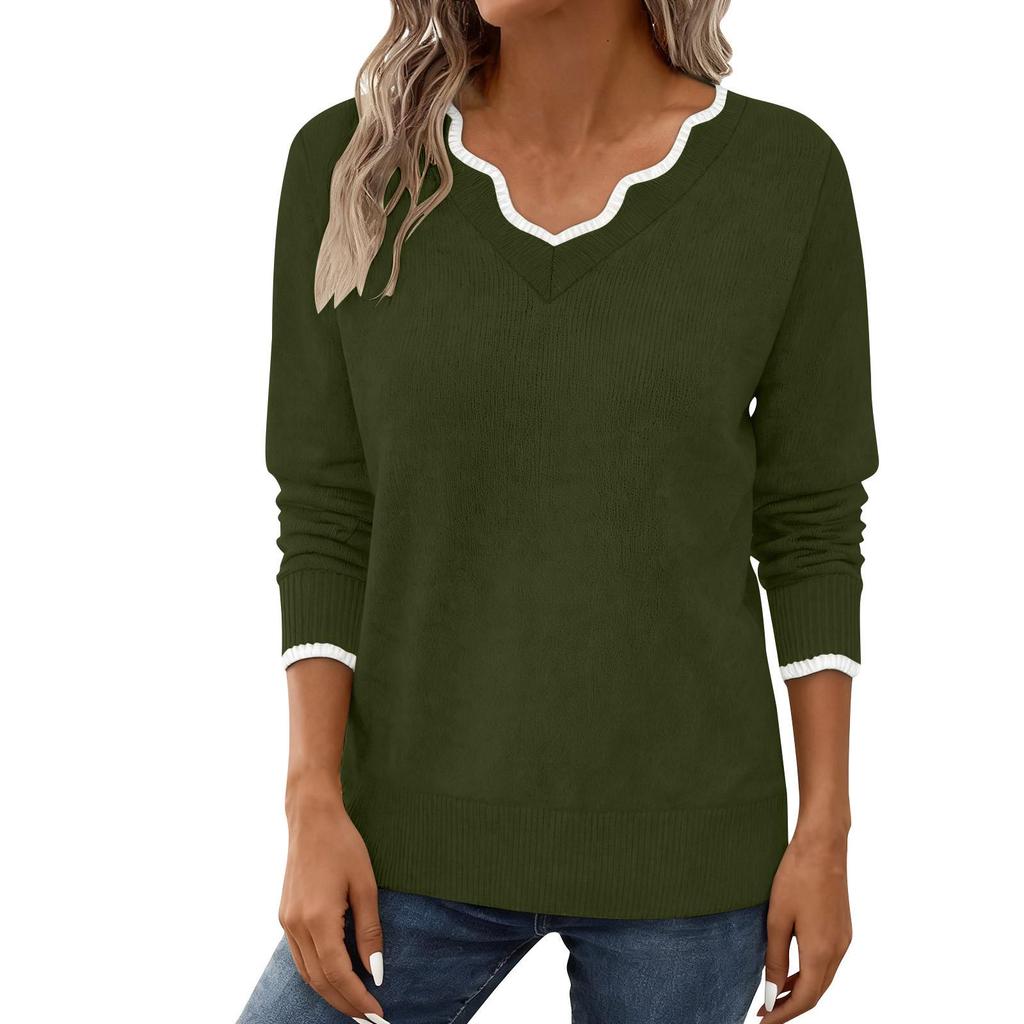 2025 A/W Women's Deep V-neck Color Block Knit Long Sleeve Pullover Sweater