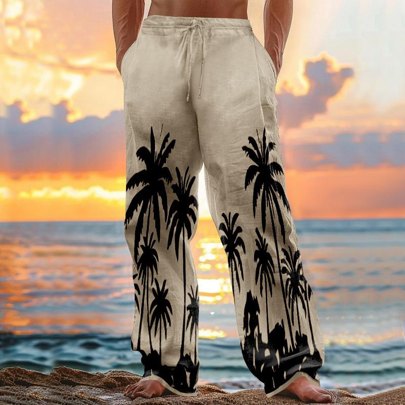 New beach men's printed casual cotton linen loose trousers