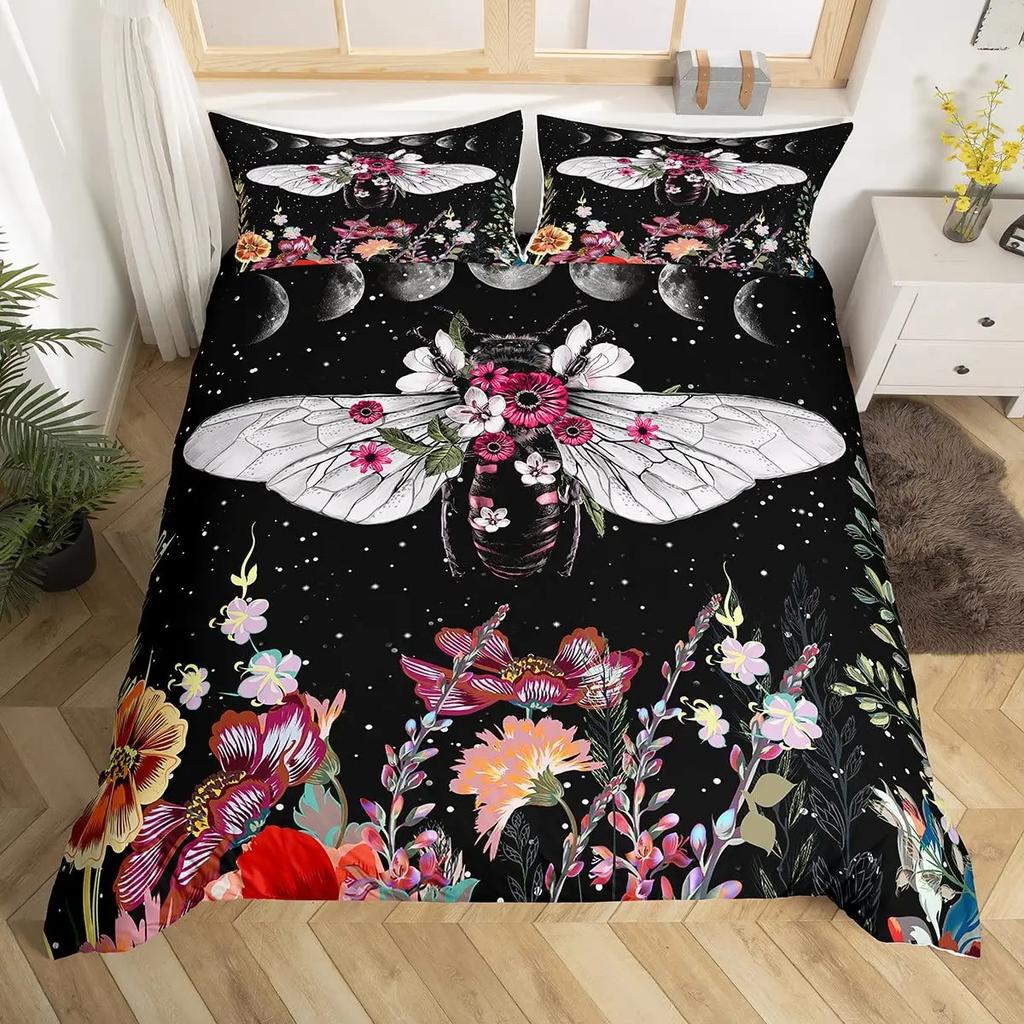 Bee And Butterfly Duvet Cover SetSpring Floral Bedding Sets For Boys GirlsColorful Flowers Country Style Comforter Cover Queen
