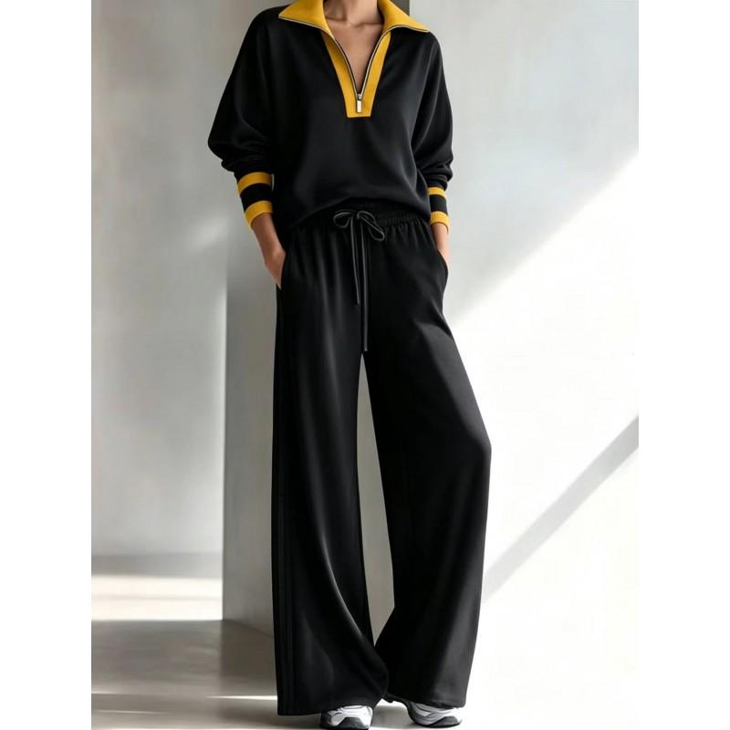 Womens Casual 2-Piece Set Long Sleeve Hoodie Wide-Leg Pants Fall Outfit Loose Fit Color-Block Sporty Style