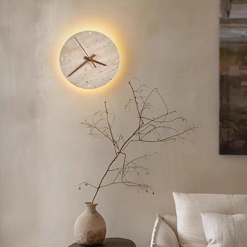 Japanese Wabi-Sabi Yellow Stone Clock & Wall Lamp for Homestay or Hotel Bedroom Corridor