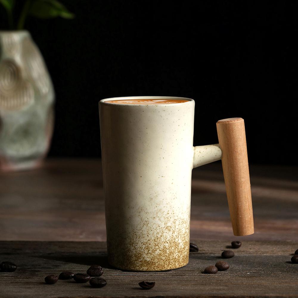 Ceramic Mug Wooden Handle Coffee Cup Vintage Kiln Variation Pottery Large Capacity Tea Water Cup for Home Office Kitchen