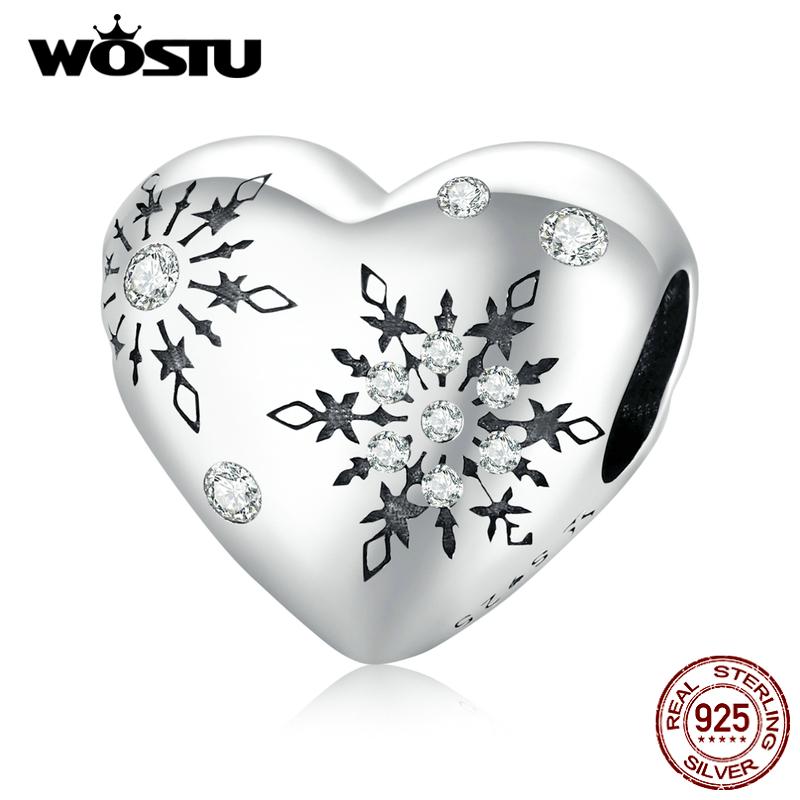 

WOSTU изысканный узор в виде снежинки в форме сердца из стерлингового серебра 925 пробы, очаровательные бусины, подходят для браслета, ювелирные украшения 925 silver