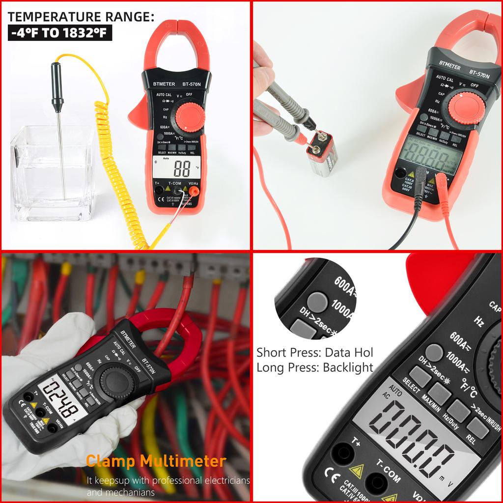 6000 Digits Auto Cal Clamp Multimeter - AC/DC Voltage Current Resistance with 1000A Capacity , -20 - 10000 ℃ , BTMETER BT-570N