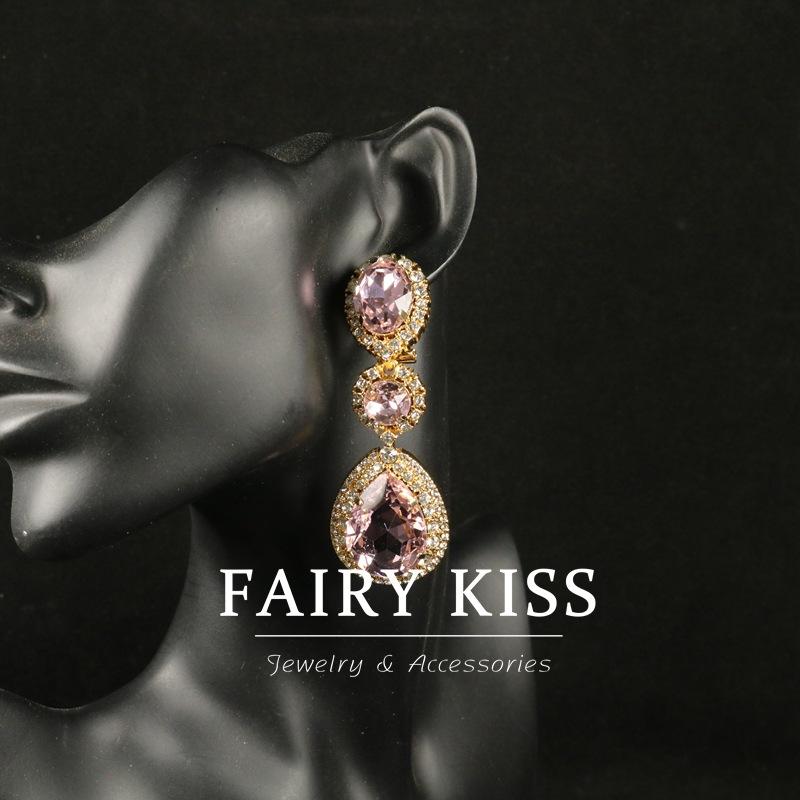 French Heavy Industry Copper-plated Real Gold Long Water Drop Dense Inlaid with Diamond Glass Atmospheric Luxury Earrings