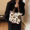 Fashion Large Capacity Cow Print Corduroy Tote Bag for Women Reusable Cute Commuter Shoulder Bag with Zipper, Foldable Shopping Bag